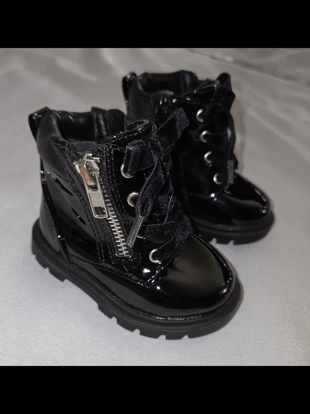 wonder nation Black Patent Lace-Up Toddler Boots with Velvet Laces